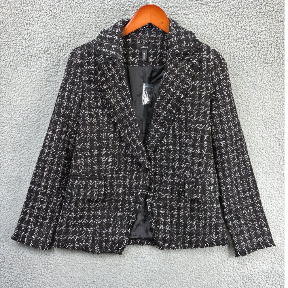 Aqua Fringe Boucle Tweed Blazer Jacket Womens S Black White Office Preppy